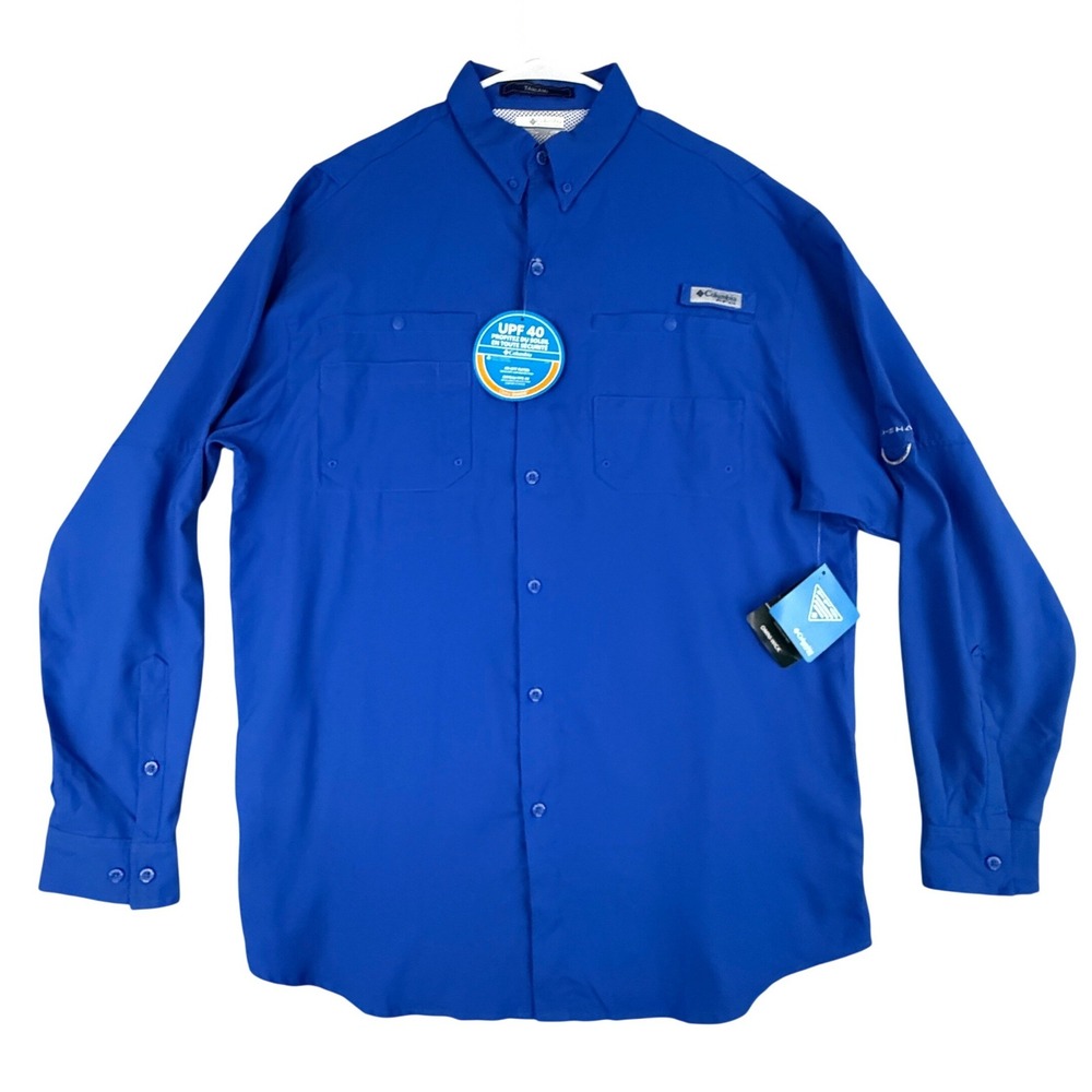 Columbia PFG Tamiami II Long Sleeve Fishing Shirt Blue Mens Large Tall UPF 40